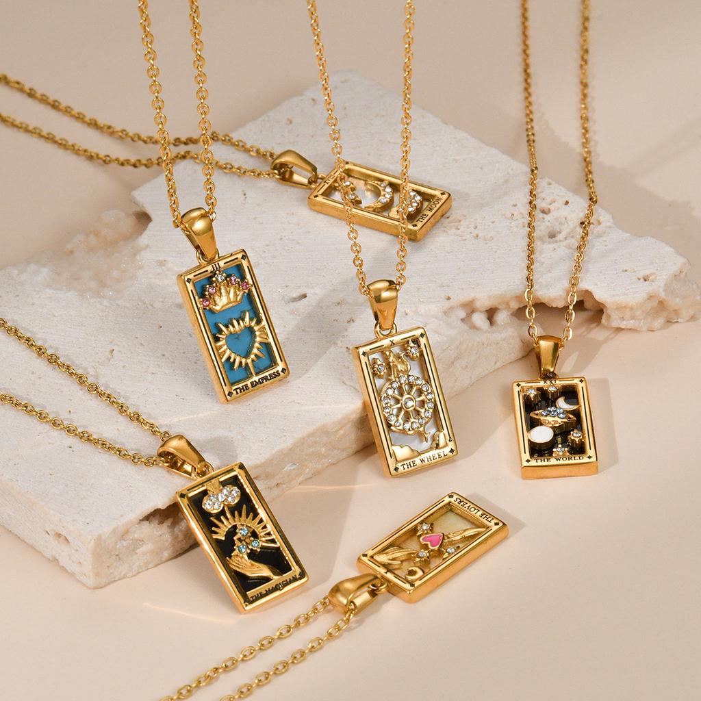 18k Gold Plated Original Zirconia Tarot Card Necklace Classic Tarot Queen Lover Magician Moon Wealth Amulet Stainless Steel Jewelry