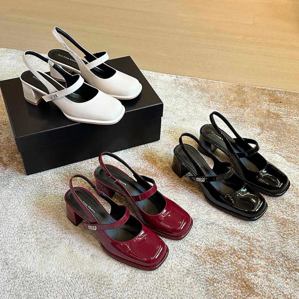 E9-6 French bag head medium heel single shoes women's spring new fairy style square head thick heel Mary Jane rear empty single shoes women