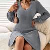 Frauen Herbst Winter V-ausschnitt Puff Ärmel Einfarbig EINE Linie Warme Hohe Taille Kleid S-XL