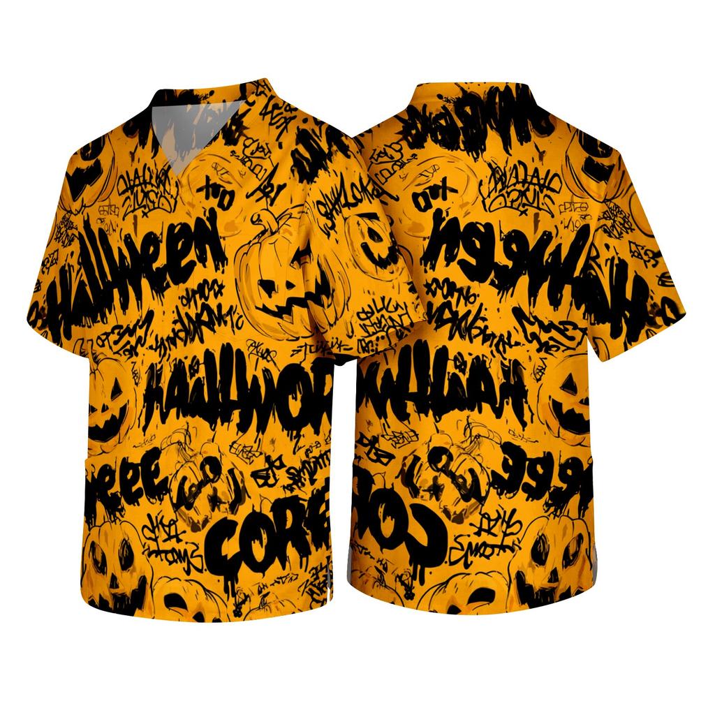 Men's V Neck Halloween Print Scrub Top with Chest Pocket Short Sleeve Medical Work Shirt for Healthcare Professionals and Caregivers