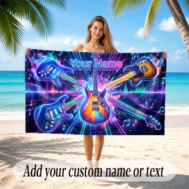Music Guitar Theme Beach Towel Personalized Custom Name & Text Soft Quick Dry Beach Towel for Swimming Travel