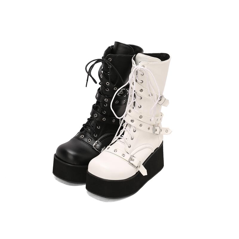 Women Mid Calf Boots Round Toe Wedge High Heels Buckle Lace-up Zipper Platform Ladies Fashion Shoes Autumn Winter 46