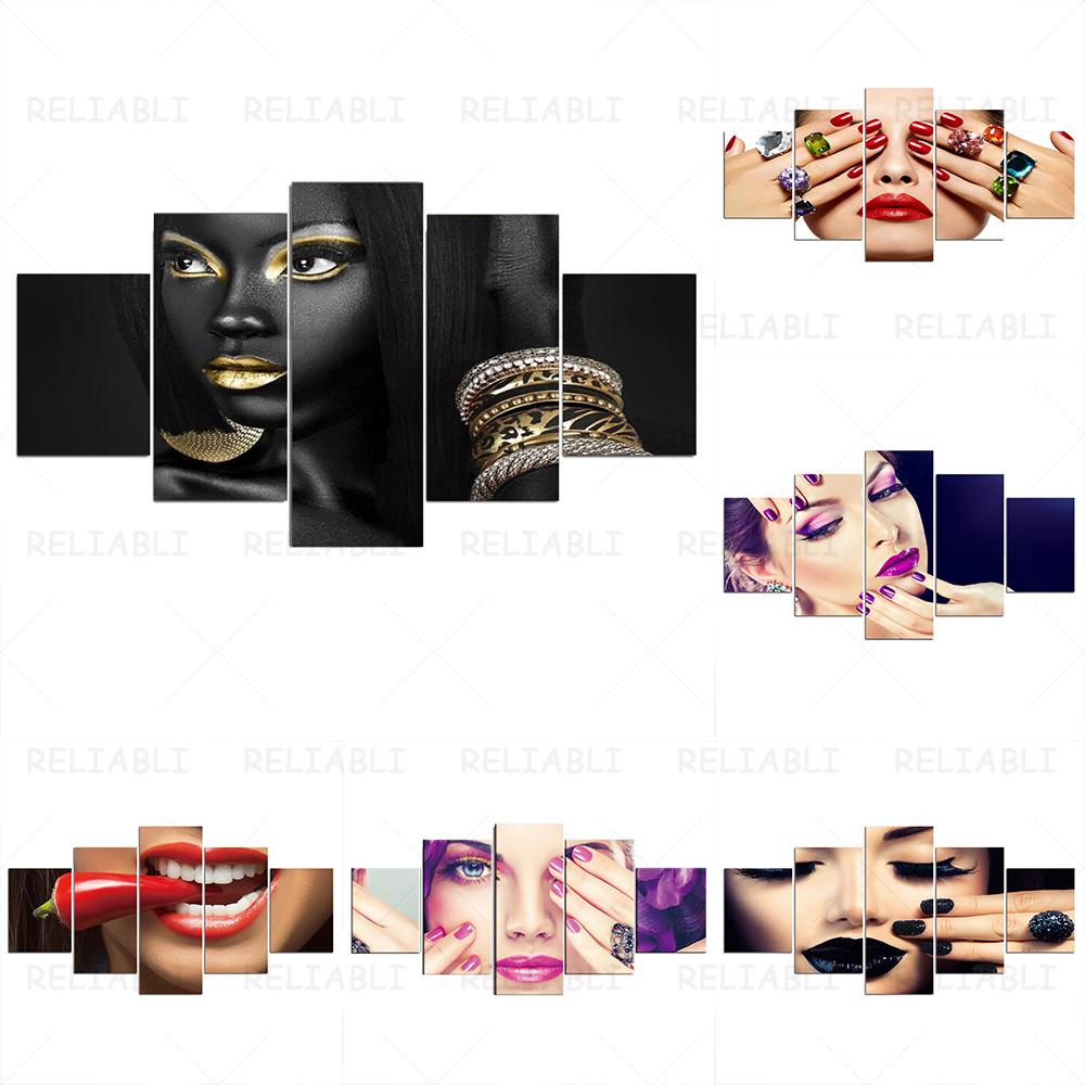5 Pieces Modular African Woman Sexy Lips Nail Salon Canvas Painting Figure Posters and Prints Wall Art Home Decor No Frame