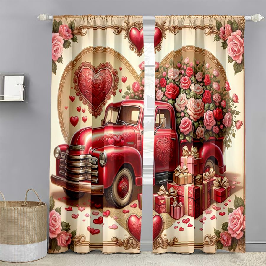 2 Stück Retro Rotes Auto Liebe Blumenarrangement Vorhang   Amerikanischer Süßer Element Stil   Schlafzimmer und Wohnzimmer   Raffbandtaschen-Stil