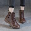 Koznoy 4cm British Style Genuine Leather Retro Lace Up Hight Top Motorcycle Ankle Boots Autumn Winter Woman Plush Flats Shoes