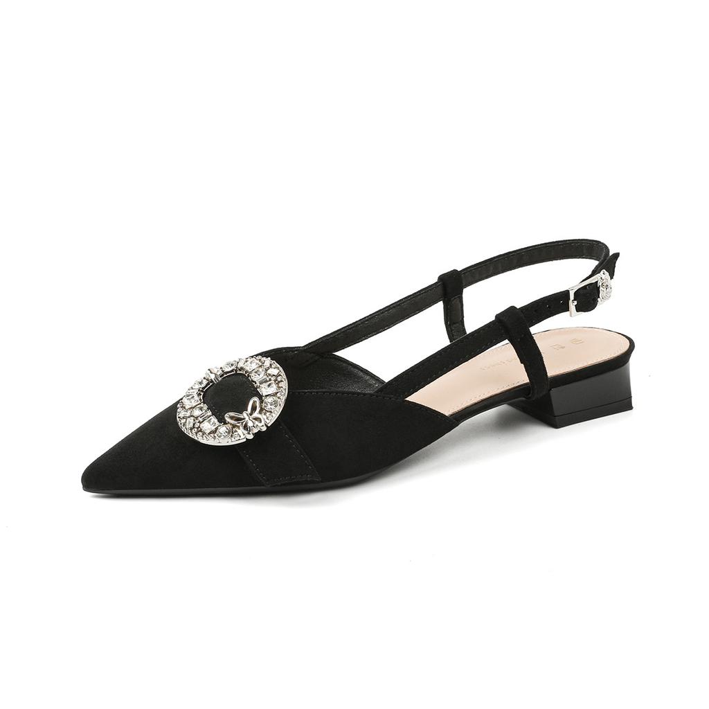 Špičaté boty na nízkém podpatku 3 cm, jednoslovná přezka, sandály s tlustým podpatkem a krytou špičkou pro ženy, neunavují nohy