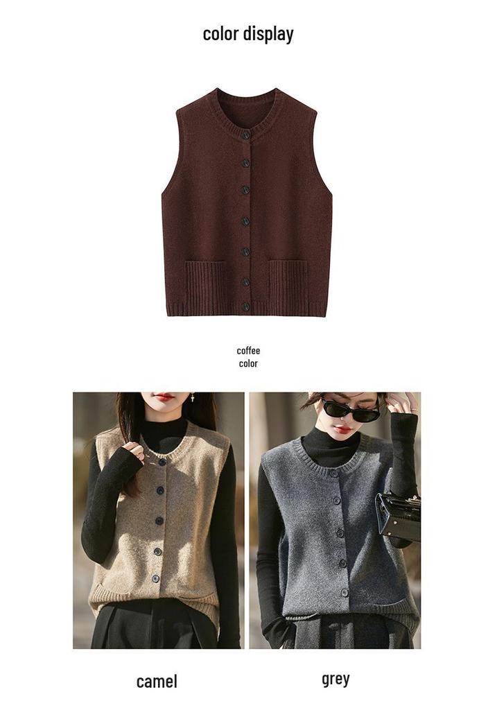 Damen Strickweste aus reiner Wolle - Rundhals-Cardigan mit Taschen für Herbst/Winter zum Schichten
