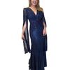 Women's Sequin Prom Dress Long Cape Sleeve Front Twist Knot Maxi Dress Sparkly V Neck Formal Evening Party Wedding Gown