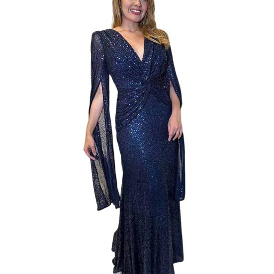 Women's Sequin Prom Dress Long Cape Sleeve Front Twist Knot Maxi Dress Sparkly V Neck Formal Evening Party Wedding Gown
