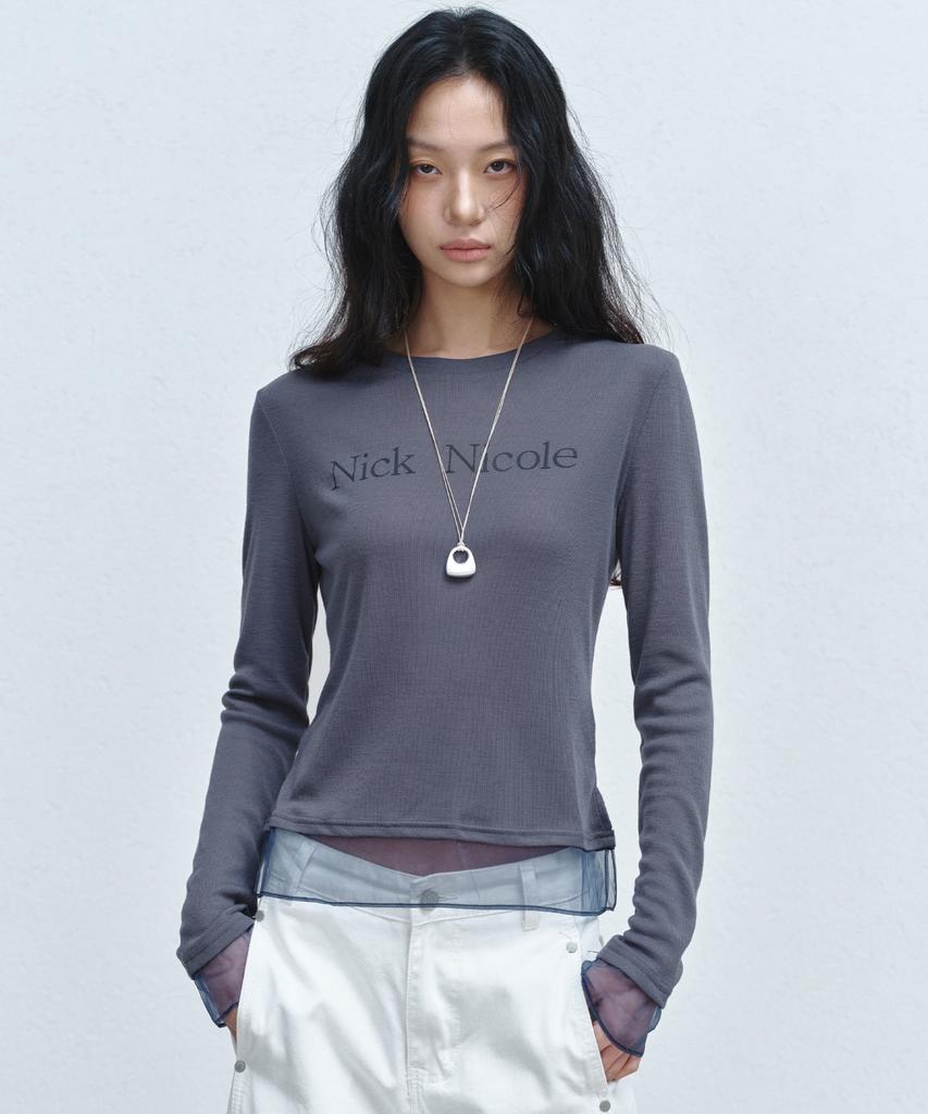 Nigaennikol Nicole Sheer Layered Logo Sleeve Top_Navy