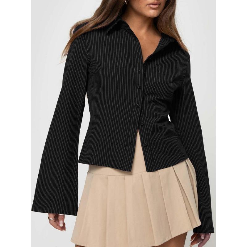 Mode Chemise Rayée Coupe Ajustée pour Femme Manches Longues Blouse Élégante Col de Chemise Bureau Décontracté Hauts Courts Simples Simples Printemps Été Streetwear Vêtements de Base