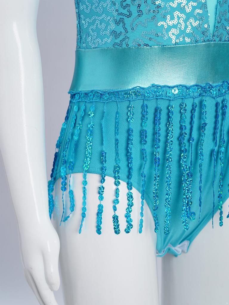 Mädchen Glitzernde Pailletten Quasten Tanzbody Ärmellos Schlüsselloch Rücken Patchwork Fransen Body Performance Kostüm