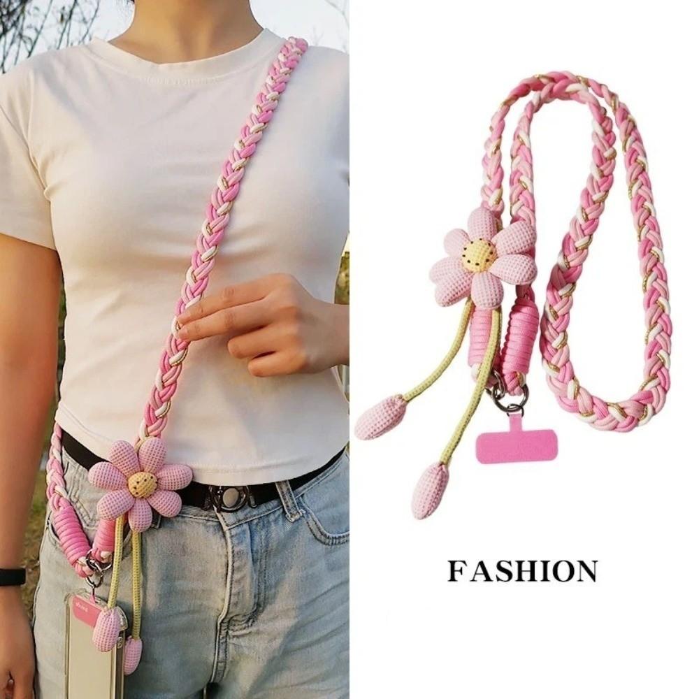 Detachable Flowers Phone Lanyard Cross-body Phone Woven Chain Crossbody Phone Charm  Activity