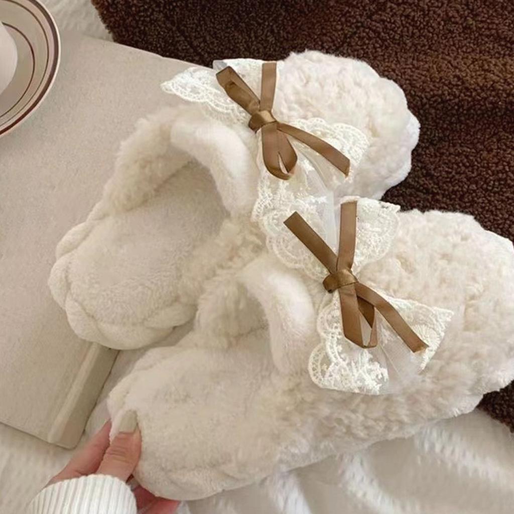 Plush Bow Accent Indoor Slippers Soft Fleece Lining Comfortable Slip-On Design Lightweight Cozy Footwear for Home Use