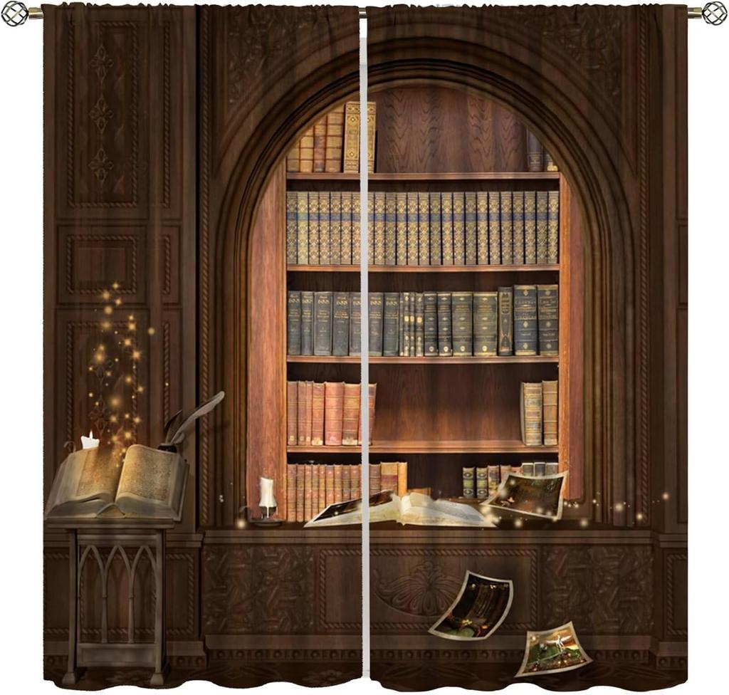 Gothic Bookshelf Curtain Antique Bookcase Spooky Skull Magic Book Halloween Themed Decor Window Kids Teens Adults Curtains Made Of Polyester