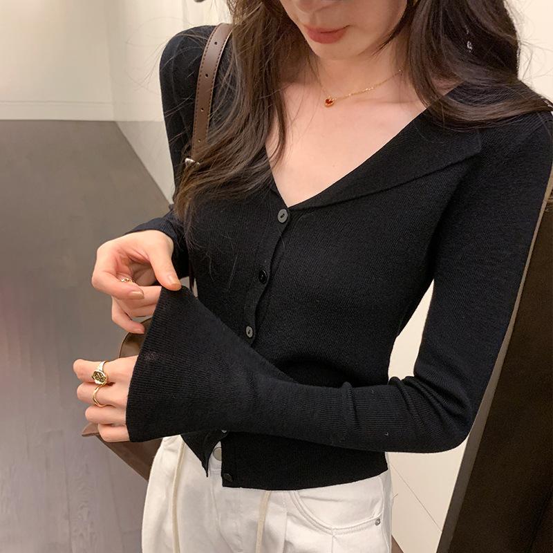 

V-образный вырез, облегающий и универсальный вязаный кардиган с расклешенными рукавами для женщин на осень и зиму, новый топ с открытой спиной для девушек L