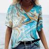 Summer V-neck 3D Marble Pattern Printed Top Fashionable Casual Short Sleeved Women's T-shirts