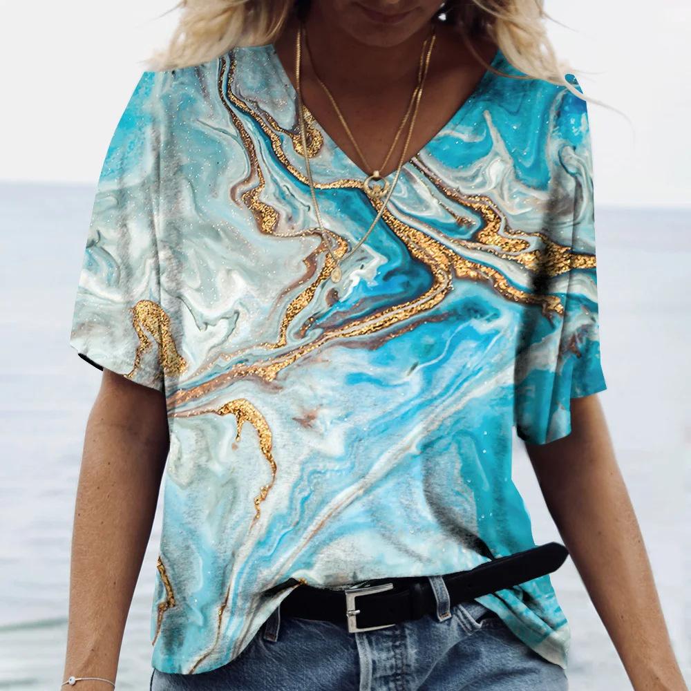 Summer V-neck 3D Marble Pattern Printed Top Fashionable Casual Short Sleeved Women's T-shirts