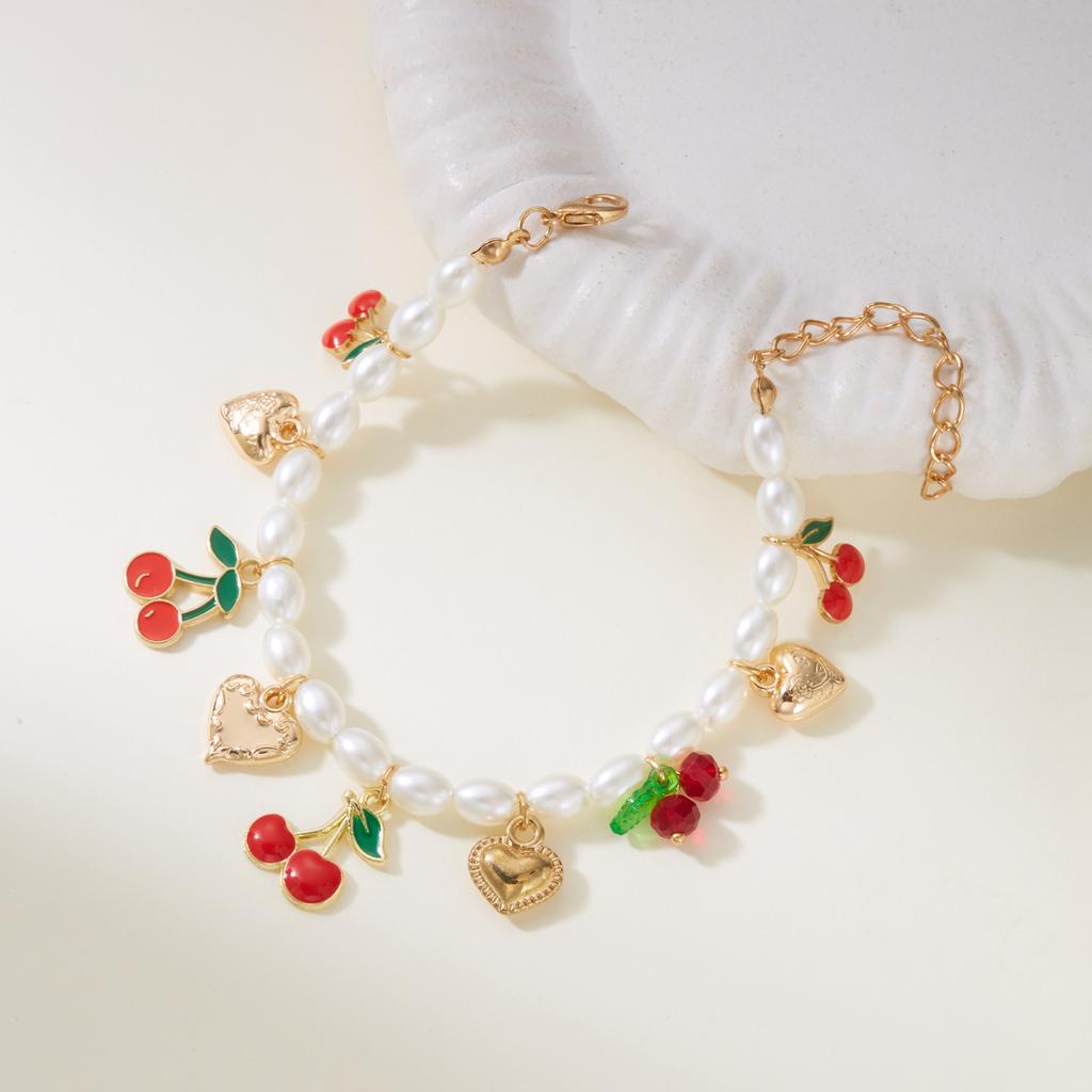 Sweet Cute Red Strawberry Cherry Bracelet for Women Girl Handmade Imitation Pearl Heart Pendant Bracelet Friendship Jewelry Gift