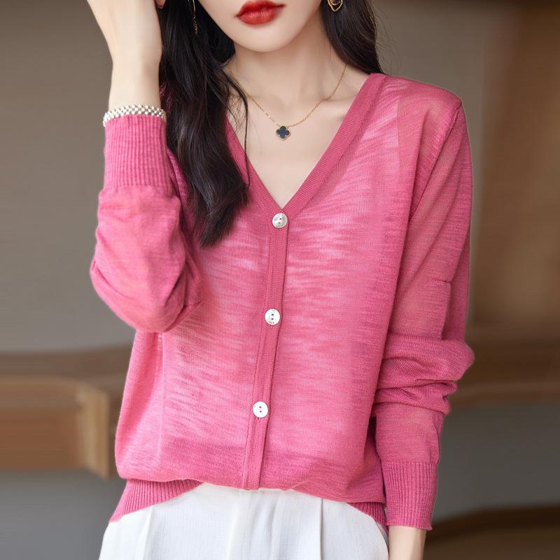 Bamboo Joint Cotton V-neck Cardigan for Women for Summer Sweater Thin Loose and Versatile Sun Protection Simple and Atmospheric Top Jacket