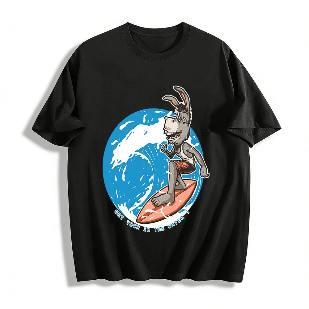 Funny Surfing Donkey Print Casual T-Shirt Unisex Summer Loose Top Pure cotton T-shirt XXS