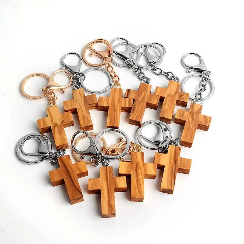 Olive Wood Cross Keychain Creative Handmade Wooden Cross Pendant DIY Decoration Pendant Holiday Gift