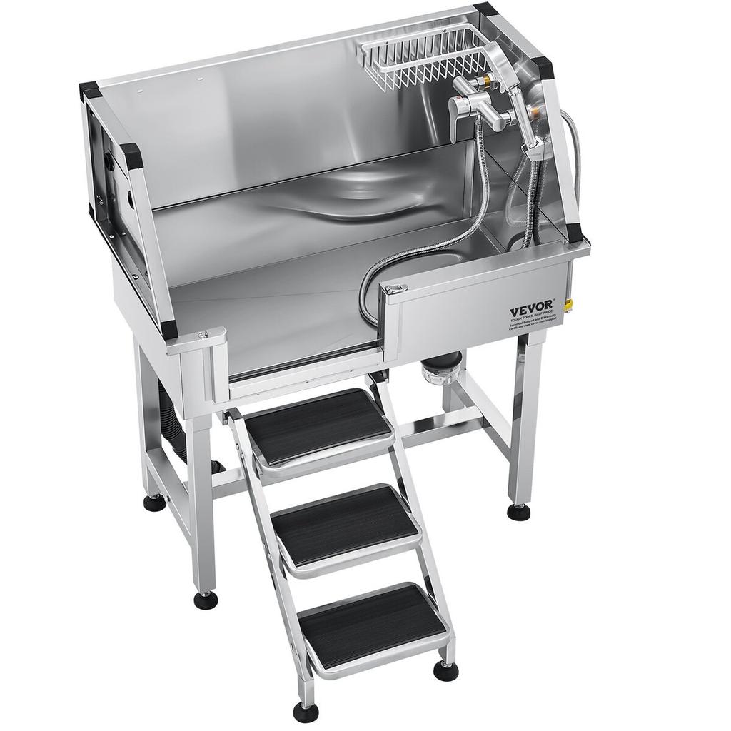 86,4 cm Hundepflege-Badebadewanne Edelstahl mit Treppe Armatur Linke Tür