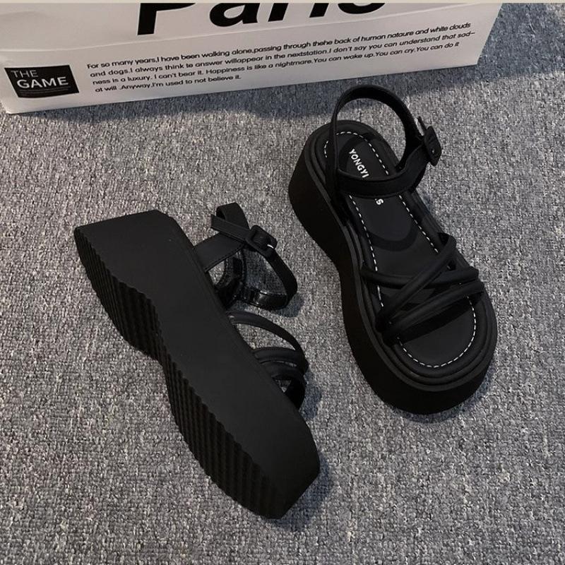 

Женские босоножки на высоком каблуке 2025 лето новые на толстой подошве увеличивающие рост модные универсальные юбочные сандалии в римском стиле с открытым носком 35 чёрный