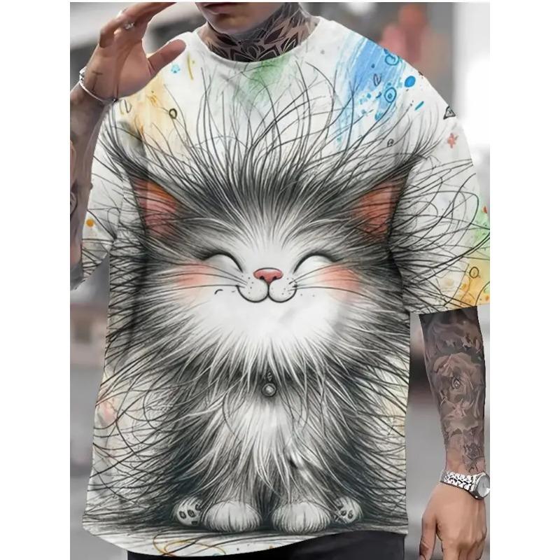 

Men s T-Shirt Cute Cat Pattern Short Sleeved Casual Tees Tops Loose O Neck Pullover Streetwear Sport Outdoor Oversized Clothing XS