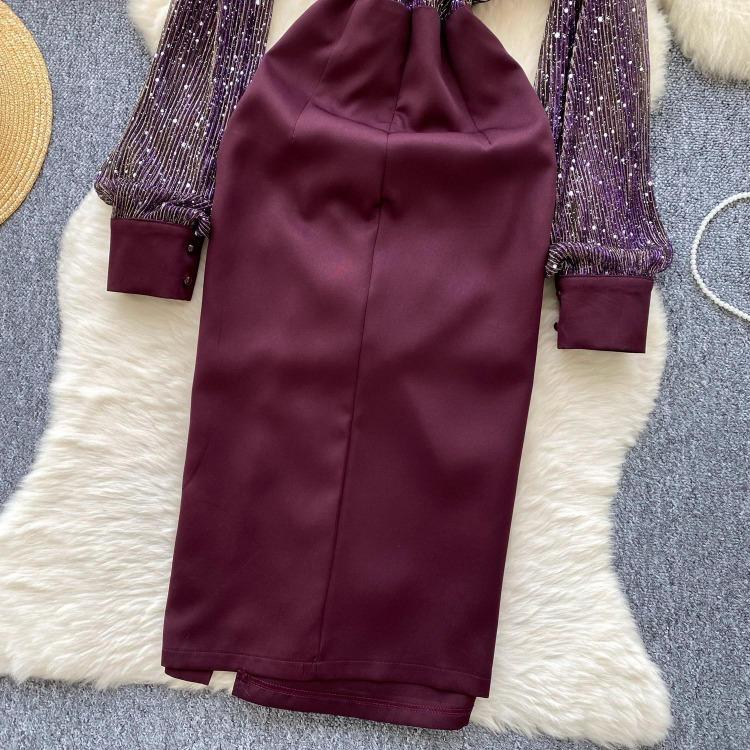Chic French Style Evening Party Dress for Ladies V Neck Long Sleeves 3D Floral Mesh Sequins Satin Splice Senior Dresses