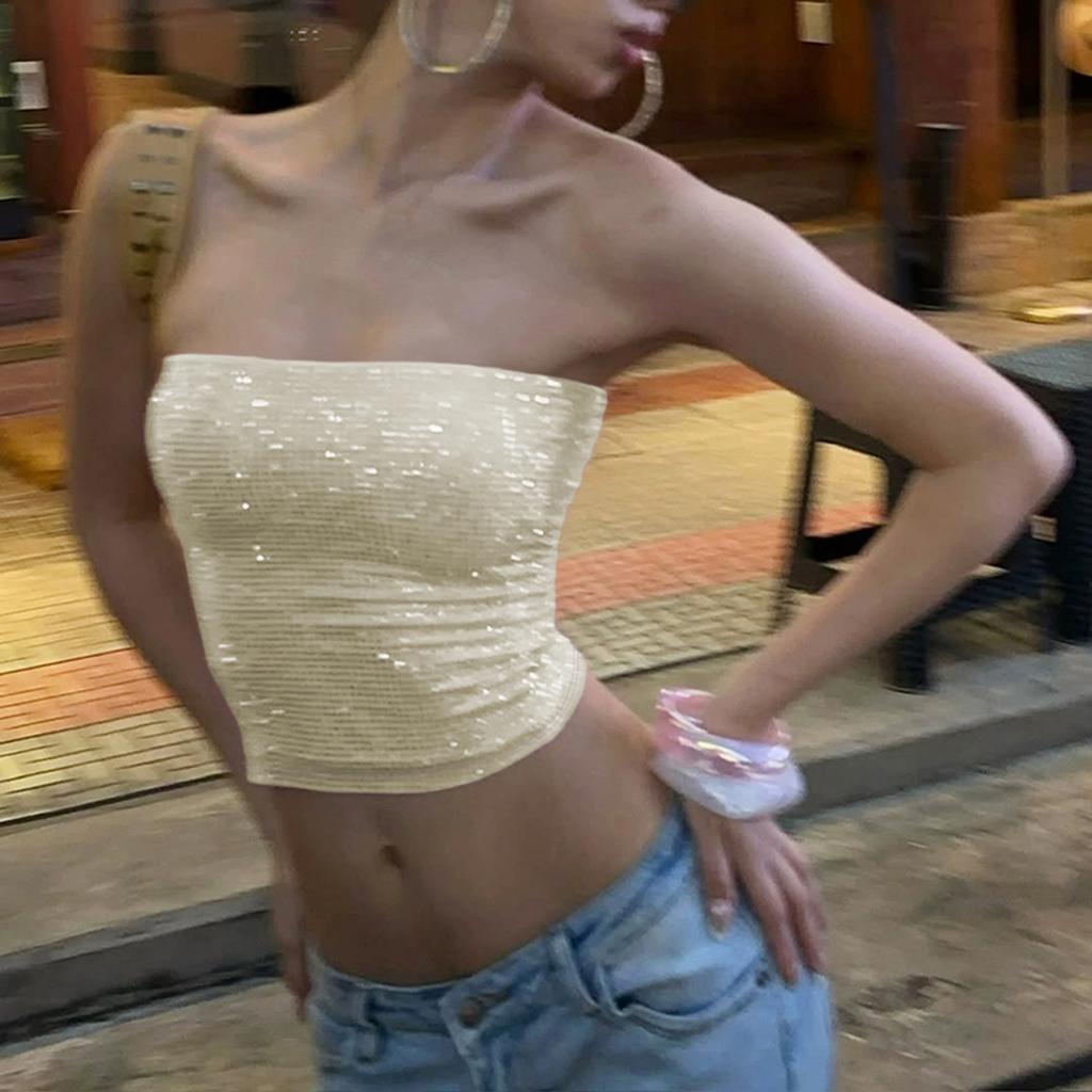 Nuevo Top de Tirantes Sexy Brillante sin Espalda Ajustado de Calle de Moda para Mujer