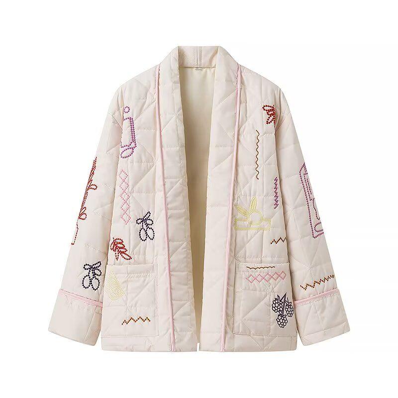 Jnleaog Autumn New Women's Clothing Fashion Style French Fashion All-Match Casual Style Embroider Kimono Cotton-Padded Coat