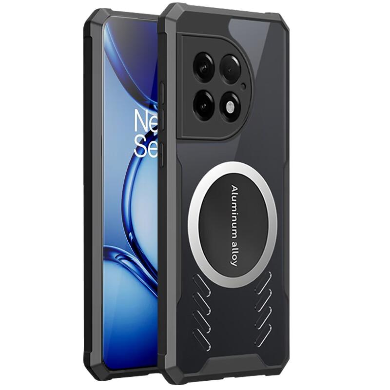 Freeson Phone Case for OnePlus Ace2 Pro, Full Camera Protection, Shockproof, Anti-Collision Corners, Transparent, Metal Magnetic Cooling Fans, Black