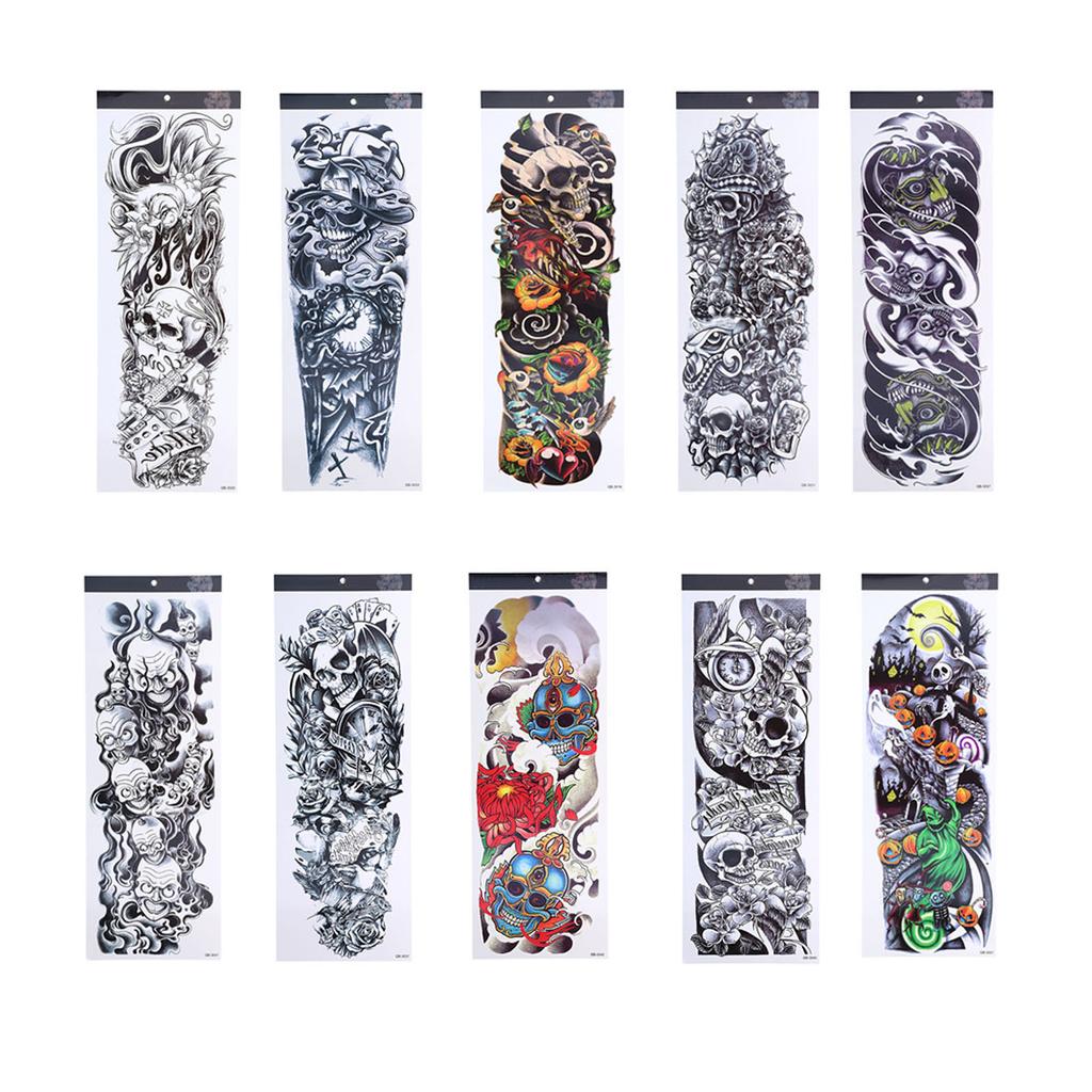 10pcs Fake Tattoo Stickers Temporary Waterproof Skull Pattern Full Arm Tattoos for Halloween