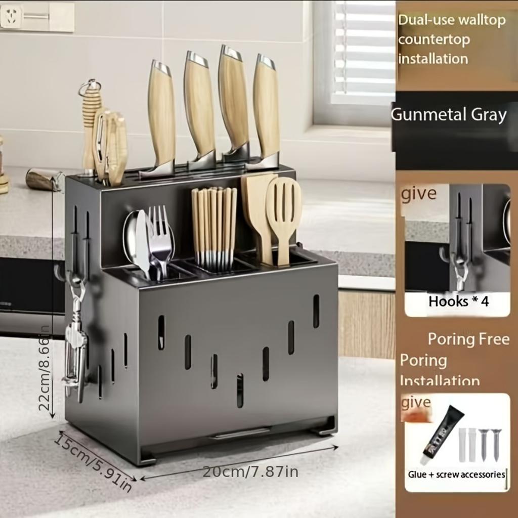 Multifunctional Wall Knife Rack: Dry-Wet Separation,Stylish Drainage.Stores Knives, Spoons,Chopsticks. Essential Modern Kitchen.