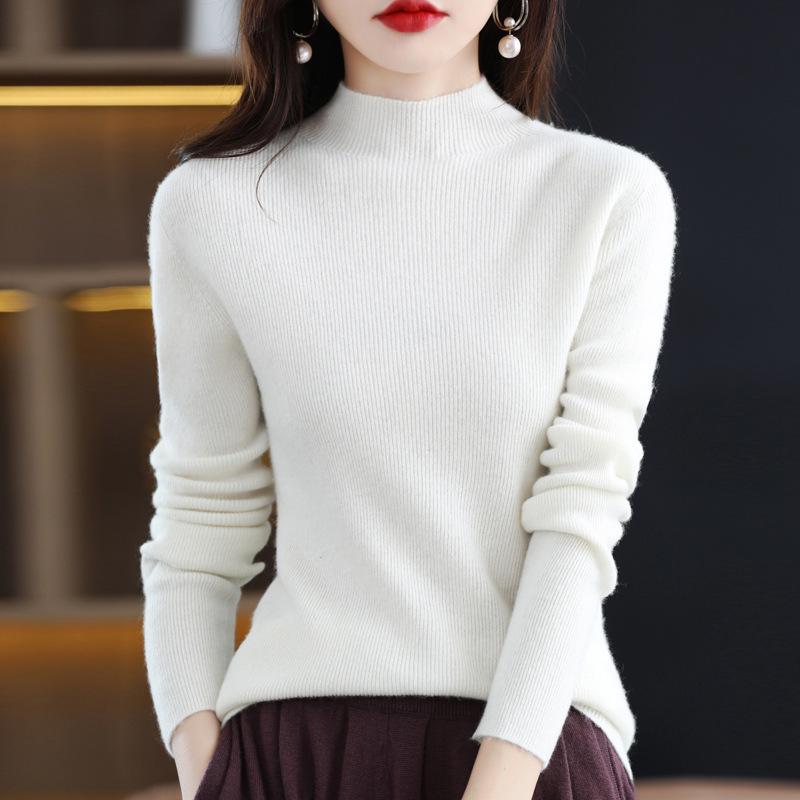 Women's Pure Wool Long Sleeve Pullover Sweater with Half-High Neck - Solid Color, Base Layer for Autumn and Winter