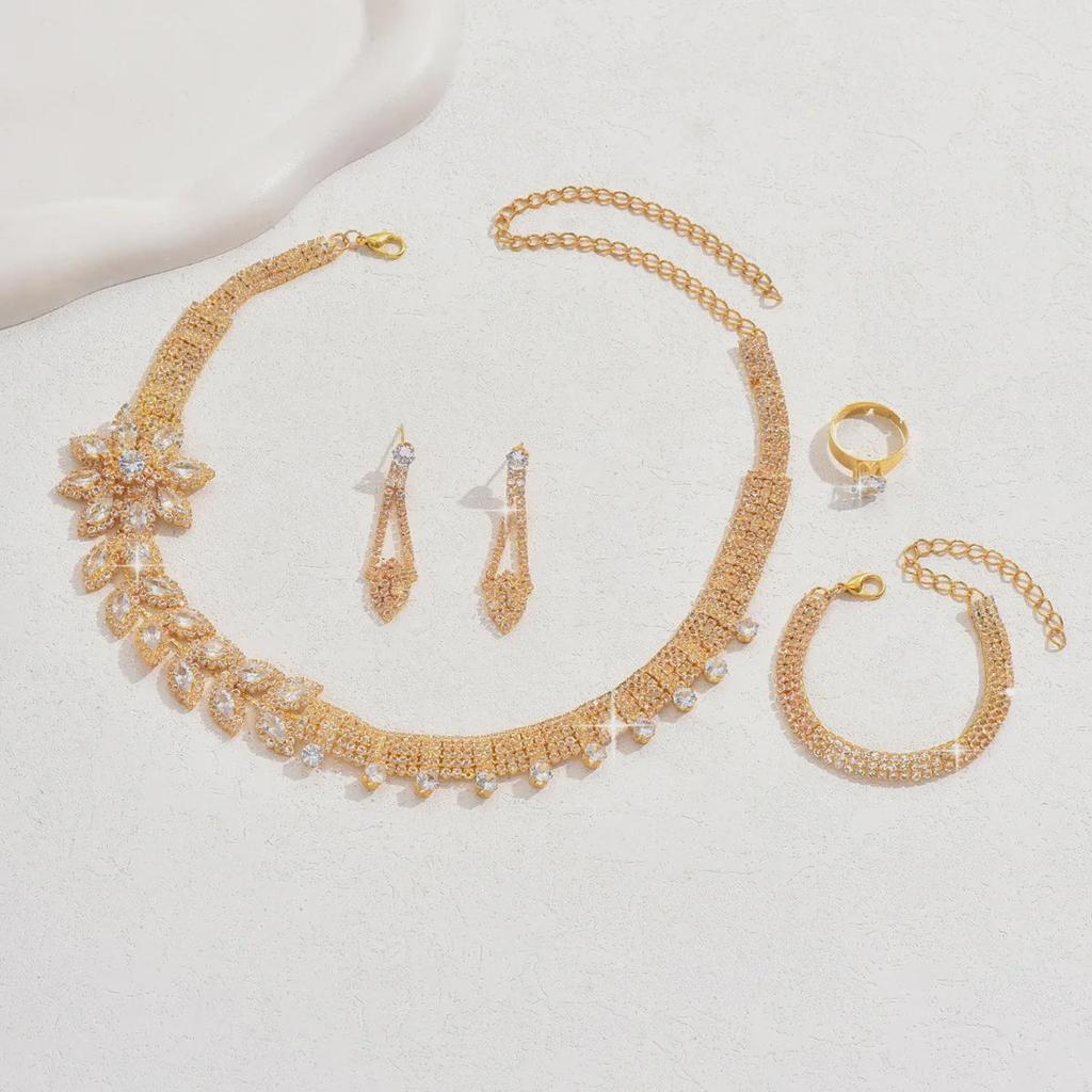 Gold-Plated Jewelry Set: Indian & Dubai Design with Zircon Necklace, Bracelet, Ring & Earrings