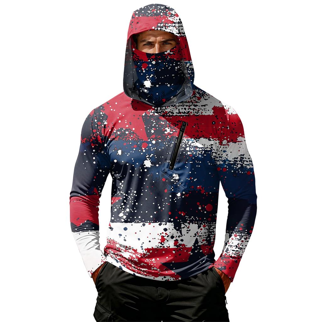 Men Hooded Long Sleeve Sun Protection Top with Abstract Independence Day Print Lightweight Pullover Casual Wear for Outdoor Activities