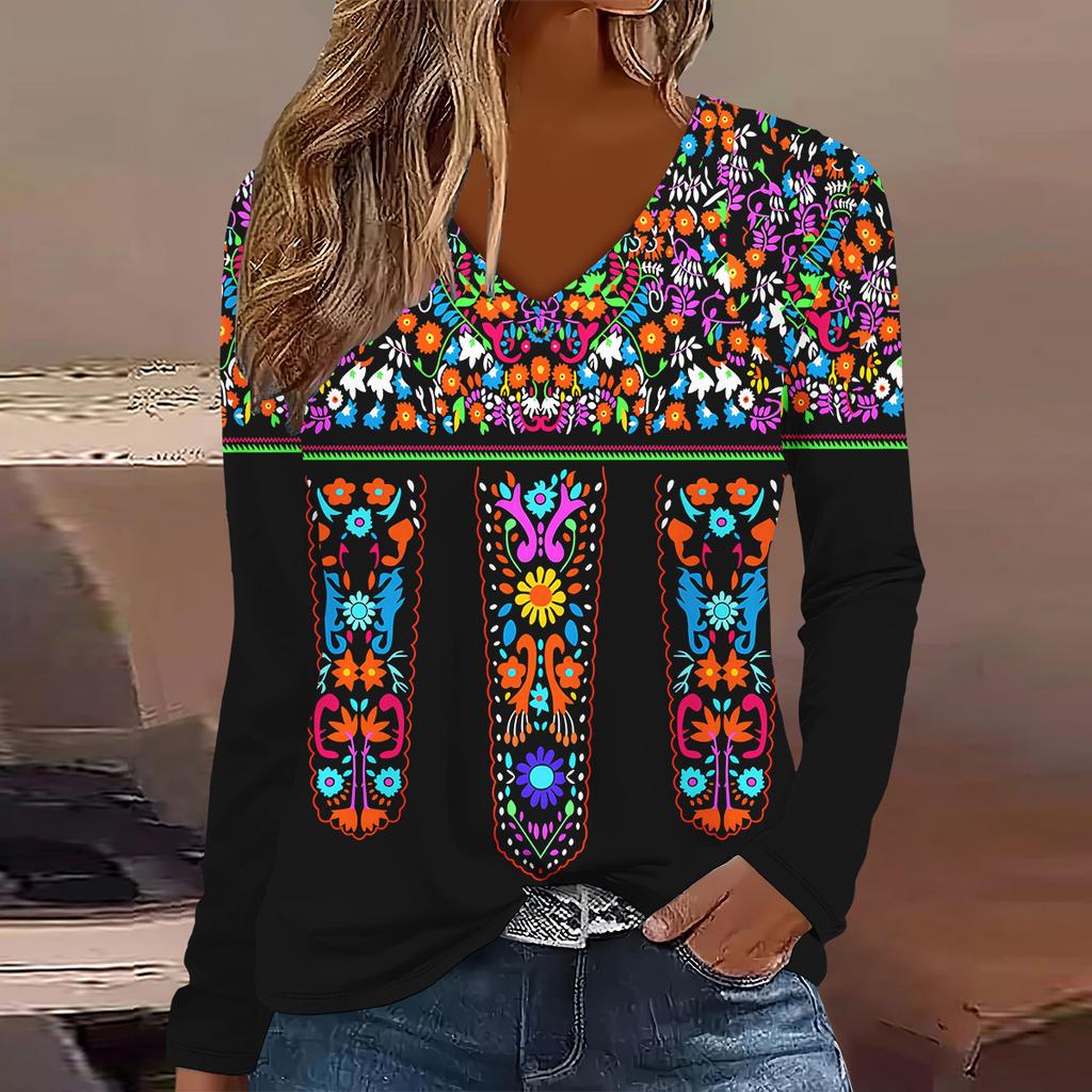 Plus size European and American Fashion 2025 Women's Elegant V-neck Long Sleeve T-shirt