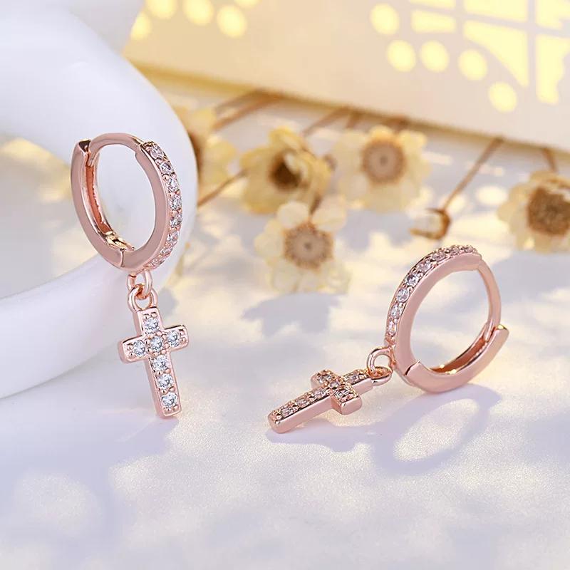 Qiaolanxuan Silver-Plated European and American Cross Earrings for Women, Simple and Elegant, Fully Encrusted with Zirconia, Hoop Earrings, Sales
