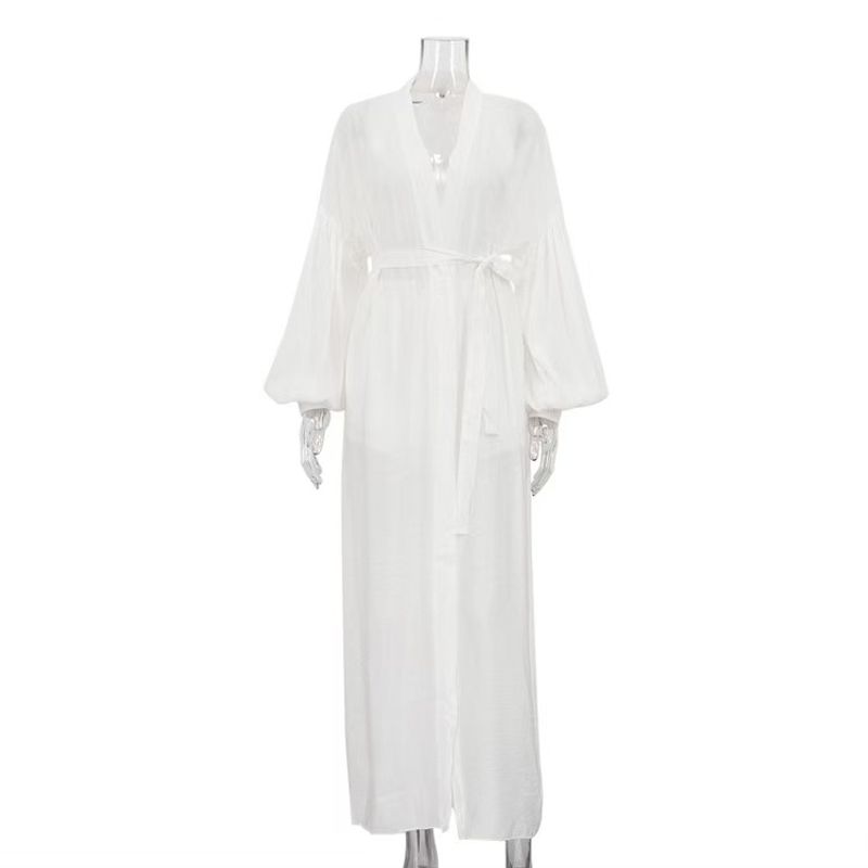 

Fashion Wind Puff Sleeves Cardigan Shoelace Robe Shorts Casual Suit Strap up Robe Shorts Set White L