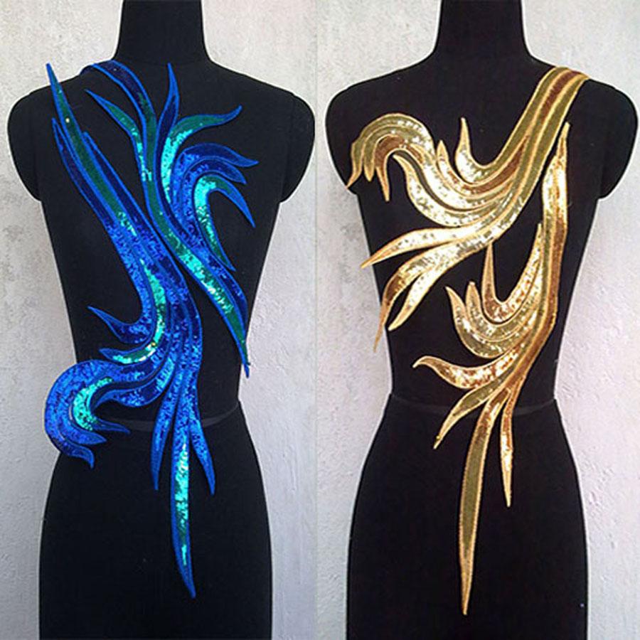 2Pcs/Set Blue Golden Sequin Embroidered Patch Repair AppliqueLace DlY Clothing Sewing Decoration Accessories