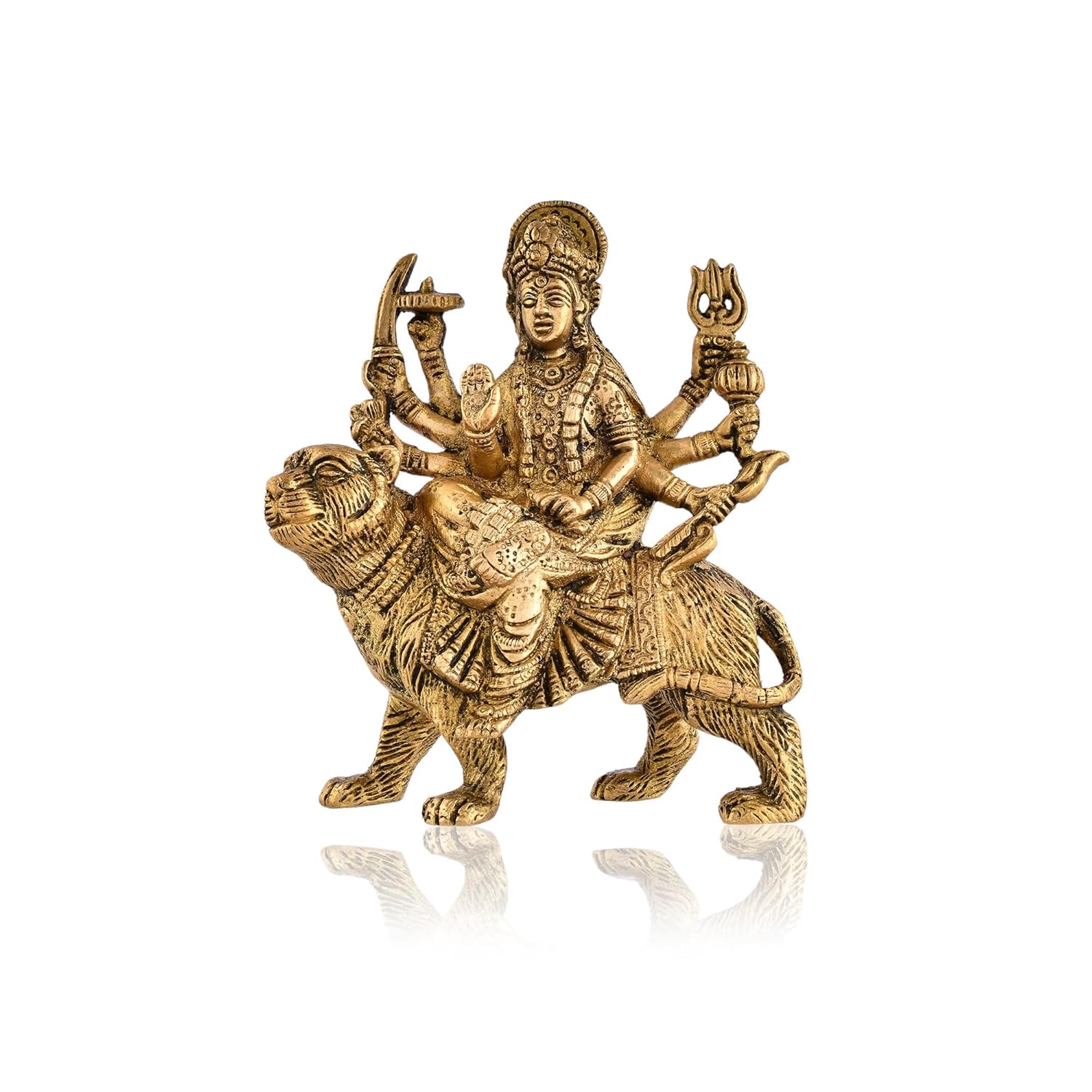 Pure Brass Durga Sherawali Mata Idol Sitting On Lion, Religious Statue, Gold