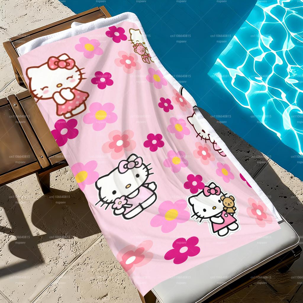 Hello Kitty Pink Floral Beach Towel, Sanrio Cartoon Quick Dry Bath Towel for Kids Adults, Cute Flower Print Beach Blanket