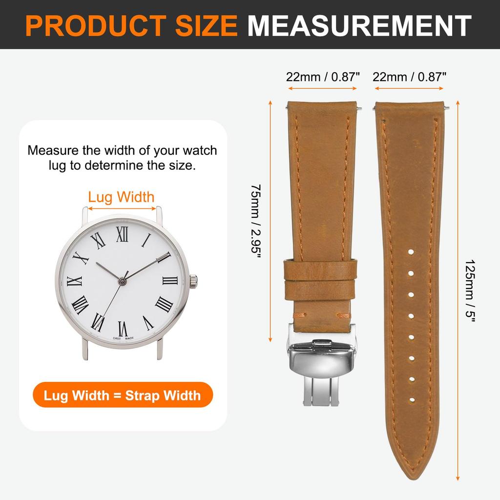 [uxcell] Leather Watch Band 22mm Vintage Style Watch Strap with Quick Release Stainless Steel Butterfly Buckle, Unisex, YellowBrown