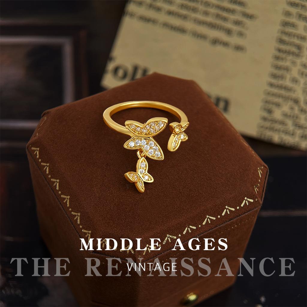 Light plated 18k real gold butterfly zircon ring opening adjustable fashion style jewelry
