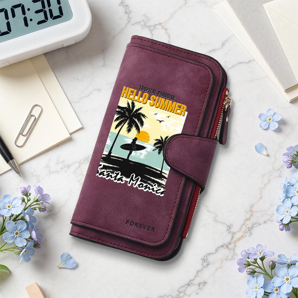 Vintage Summer Beach Pattern Long Wallet Portable Casual Card Holder Fashionable Daily Carry Purse