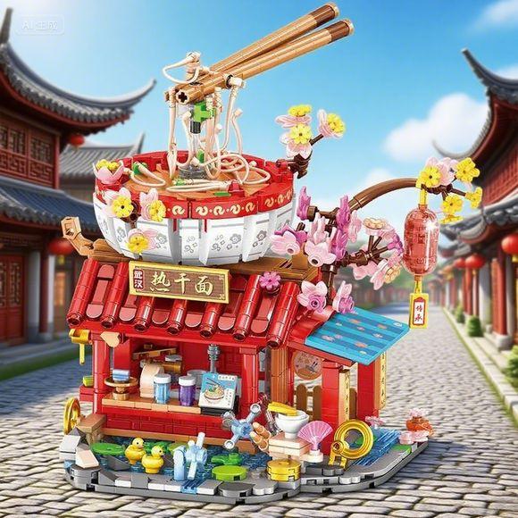

New Food Shops Building Blocks Chinese Noodle House Girl City Street Scenery National Snack Street Food Shop Decoratio Gift No Box