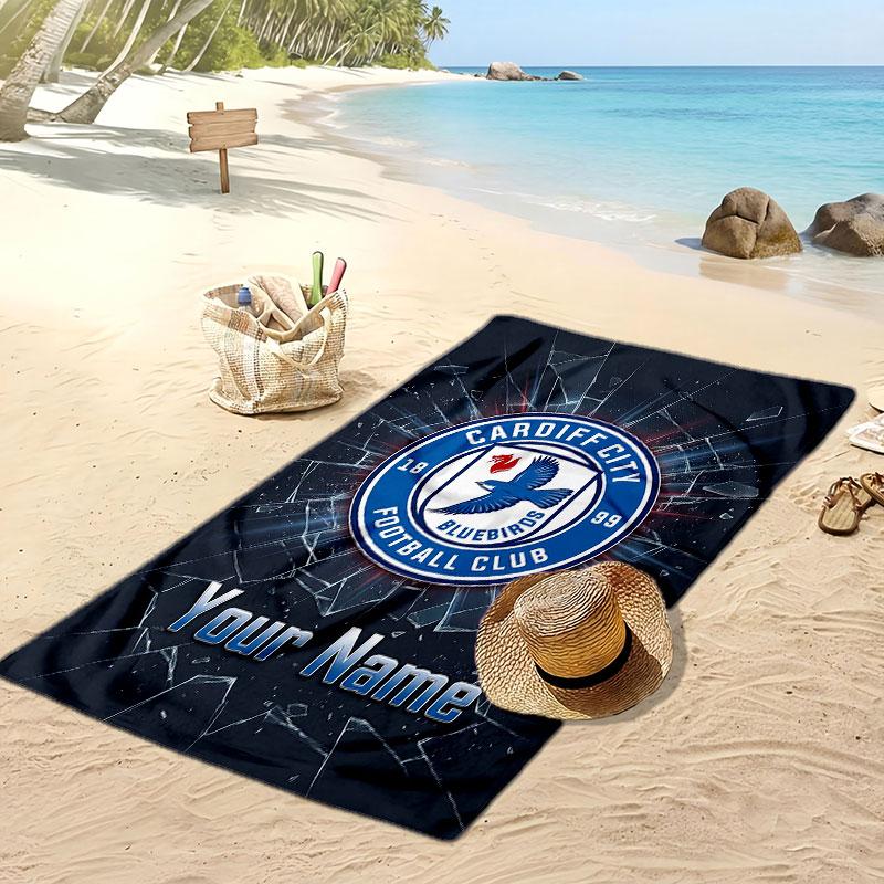 Cardiff City Personalized Printed Beach Towel Soccer Logo Support Custom Name Text Absorbent Towel For Sport Travel Special Gift