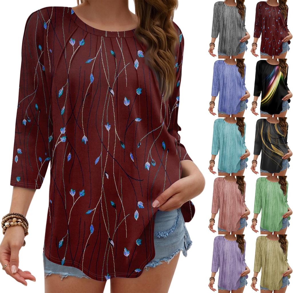 Omen's Fashionable Round Neck 3/4 Sleeve Printed Casual Basic Pleated Pullover T-shirt Top